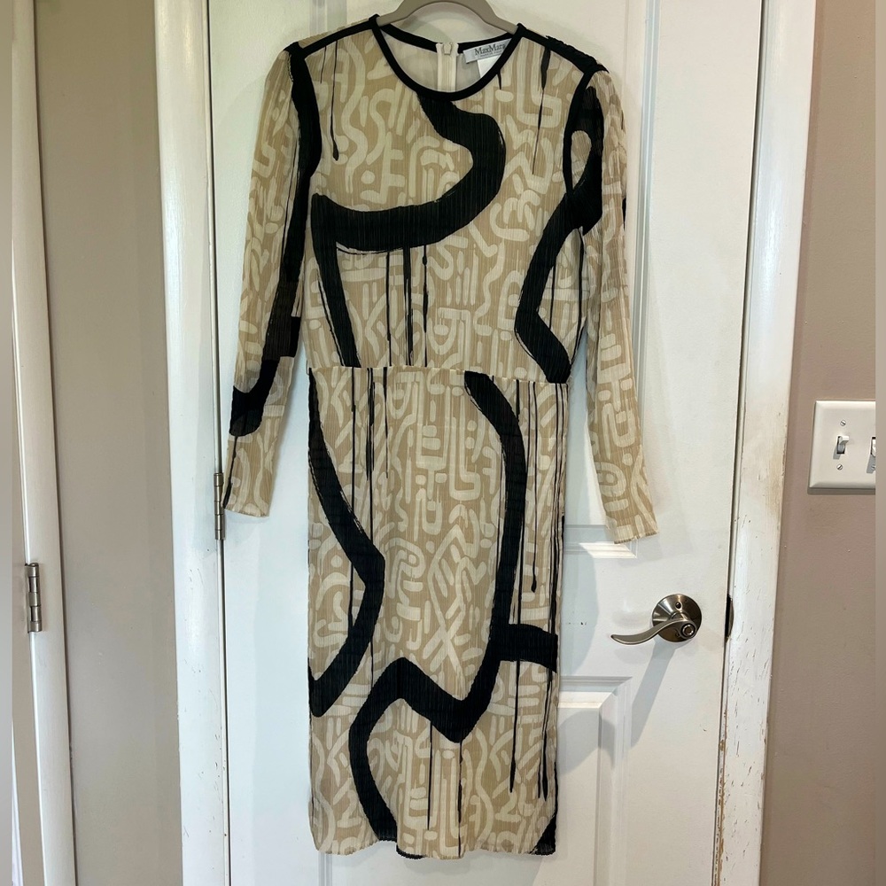 Max Mara Bina Long Sleeve Textured Chiffon Day to Dinner Dress Sz 10 Cream/Black - Picture 7 of 15